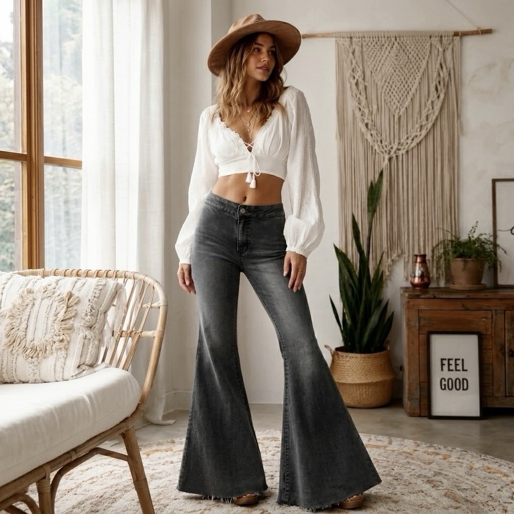 Free People We The Free Just Float On Super Flare Black Jeans Sz 26 Festival